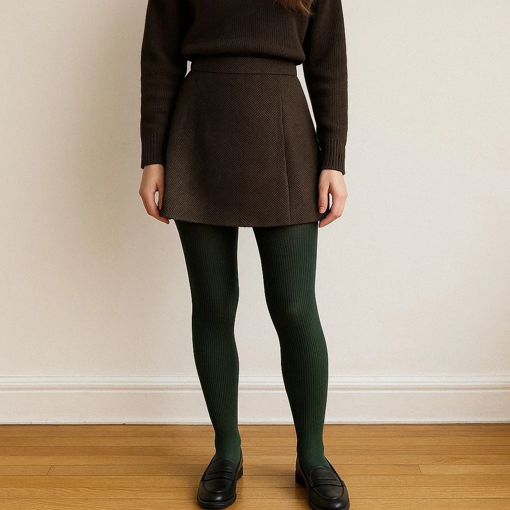 DKNY Vintage 90s Rib Knit Tights Small Jewel Green‎ Dark Academia Prep NWT